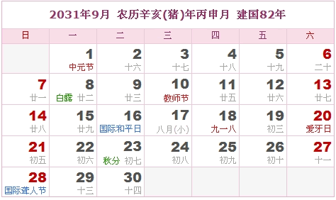 2031年日历表及2031年是什么年